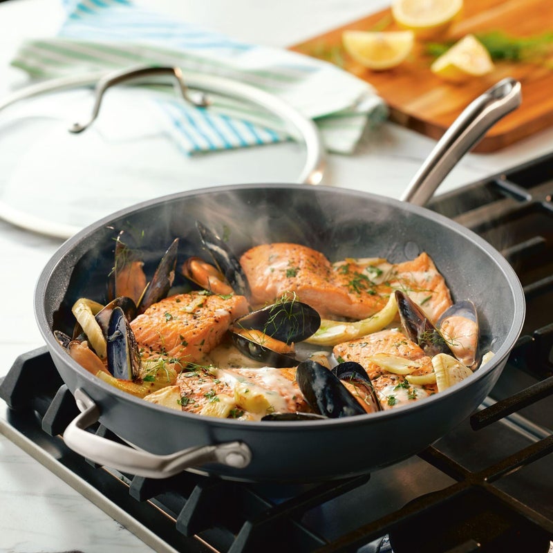 Anolon Accolade Forged Hard Anodized Nonstick Deep Frying Pan / Skillet with Helper Handle and Lid, 12 Inch - Moonstone Gray - Image 2